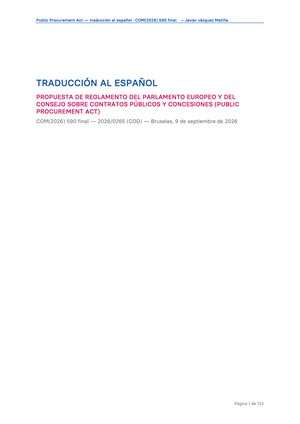 Portada de la traducción propia de la propuesta de Reglamento europeo de contratación pública